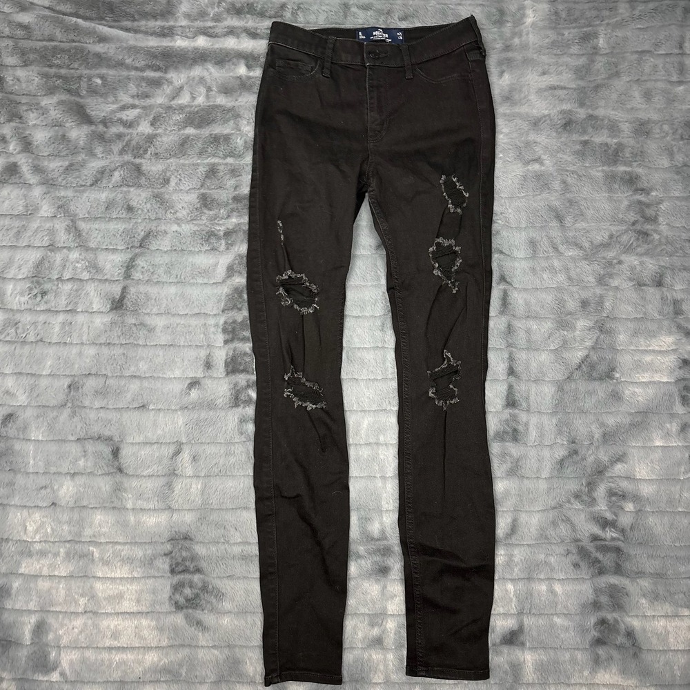 Hollister Mid-Rise Crop Super Skinny Distressed Black Jeans W25 L28